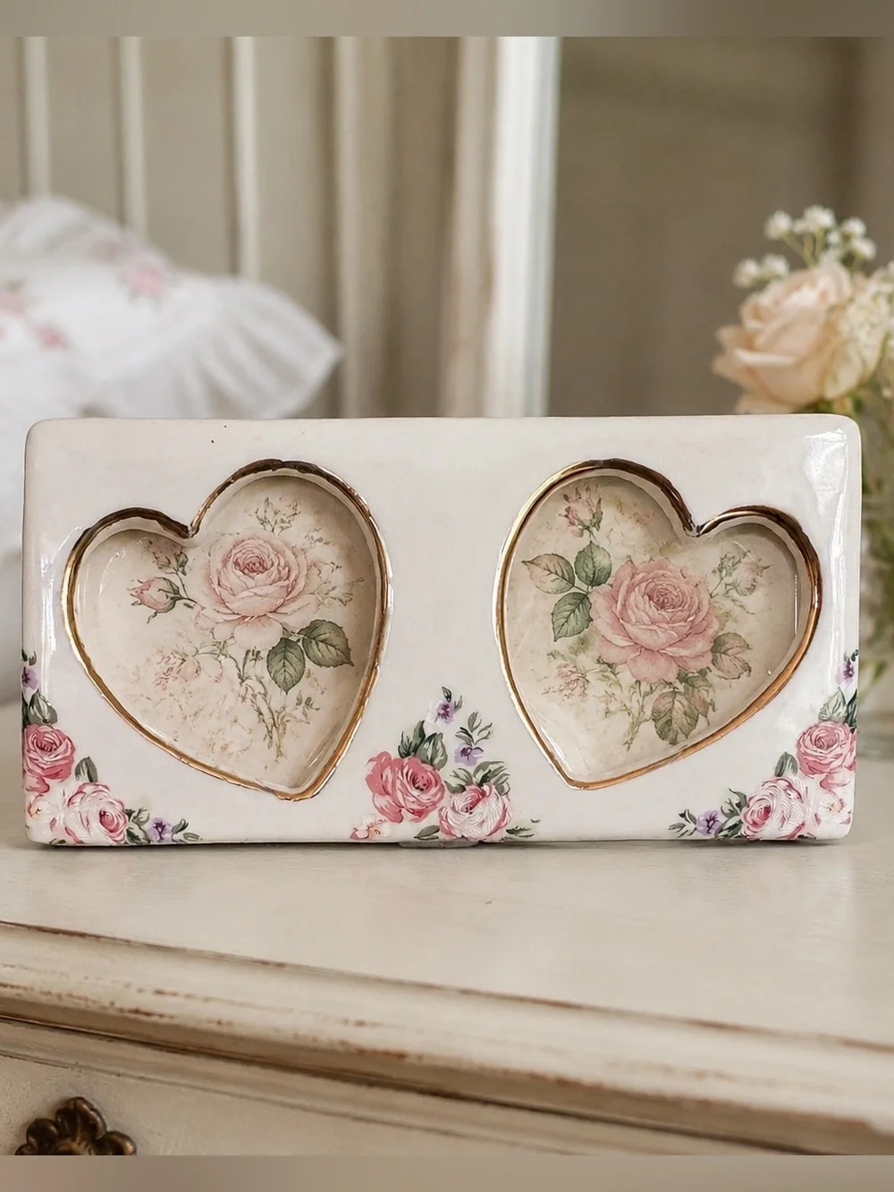 Vintage Ceramic Double Heart Picture Frame Pink Roses Gold Trim